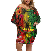 Hawaiian Reggae Off Shoulder Short Dress Tropical Plants and Tribal Kakau Tattoo-One Love Jawaiian LT03 Women Reggae - Polynesian Pride