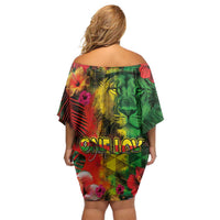 Hawaiian Reggae Off Shoulder Short Dress Tropical Plants and Tribal Kakau Tattoo-One Love Jawaiian LT03 - Polynesian Pride