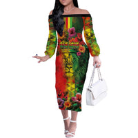 Hawaiian Reggae Off The Shoulder Long Sleeve Dress Tropical Plants and Tribal Kakau Tattoo-One Love Jawaiian LT03 Women Reggae - Polynesian Pride