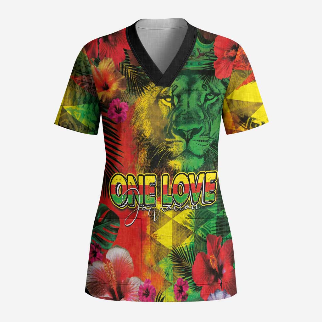 Hawaiian Reggae Scrub Top Tropical Plants and Tribal Kakau Tattoo-One Love Jawaiian - Polynesian Pride