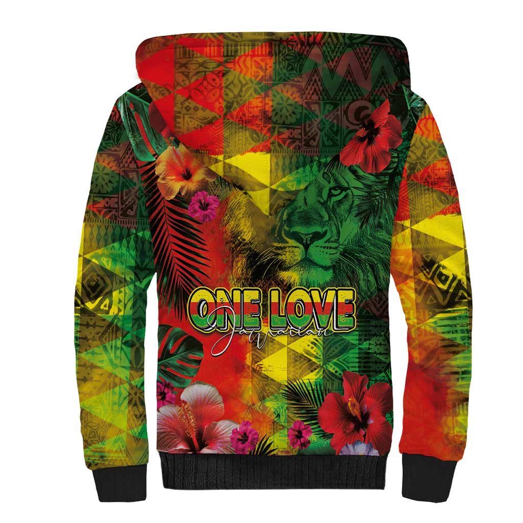 Hawaiian Reggae Sherpa Hoodie Tropical Plants and Tribal Kakau Tattoo-One Love Jawaiian LT03 - Polynesian Pride