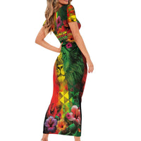 Hawaiian Reggae Short Sleeve Bodycon Dress Tropical Plants and Tribal Kakau Tattoo-One Love Jawaiian LT03 - Polynesian Pride