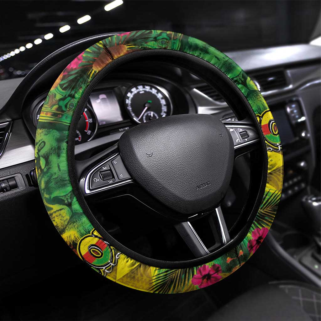 Hawaiian Reggae Steering Wheel Cover Tropical Plants and Tribal Kakau Tattoo-One Love Jawaiian LT03 Universal Fit Reggae - Polynesian Pride