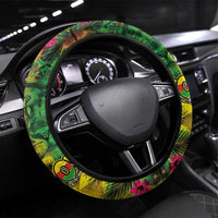 Hawaiian Reggae Steering Wheel Cover Tropical Plants and Tribal Kakau Tattoo-One Love Jawaiian LT03 Universal Fit Reggae - Polynesian Pride