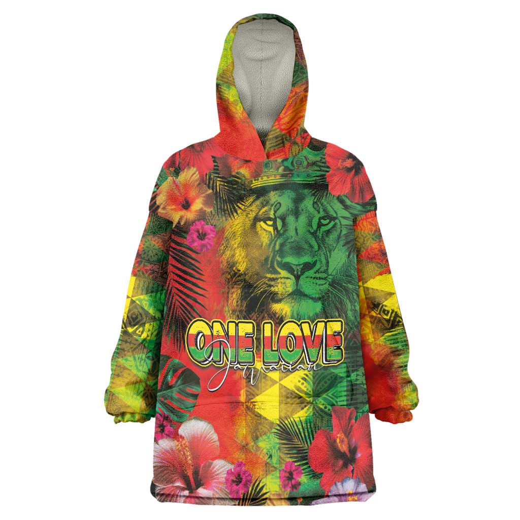 Hawaiian Reggae Wearable Blanket Hoodie Tropical Plants and Tribal Kakau Tattoo-One Love Jawaiian LT03 One Size Reggae - Polynesian Pride