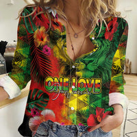 Hawaiian Reggae Women Casual Shirt Tropical Plants and Tribal Kakau Tattoo-One Love Jawaiian LT03 Female Reggae - Polynesian Pride