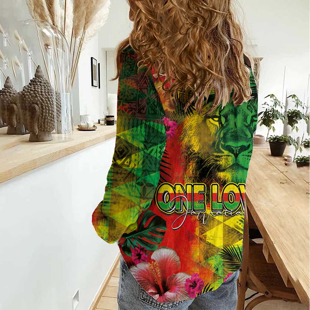 Hawaiian Reggae Women Casual Shirt Tropical Plants and Tribal Kakau Tattoo-One Love Jawaiian LT03 - Polynesian Pride