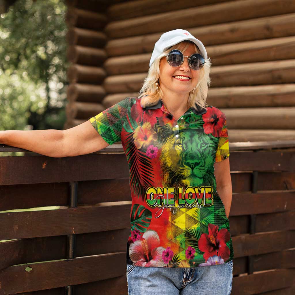 Hawaiian Reggae Women Polo Shirt Tropical Plants and Tribal Kakau Tattoo-One Love Jawaiian LT03 - Polynesian Pride