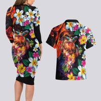 Hawaiian Lei Day Couples Matching Long Sleeve Bodycon Dress and Hawaiian Shirt Colorful Plumeria and Volcanic Turtle with Abstract Lava Texture LT03 - Polynesian Pride