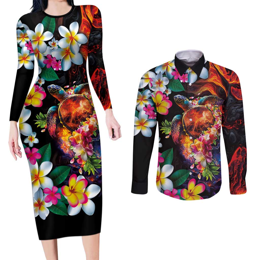 Hawaiian Lei Day Couples Matching Long Sleeve Bodycon Dress and Long Sleeve Button Shirt Colorful Plumeria and Volcanic Turtle with Abstract Lava Texture LT03 Black - Polynesian Pride