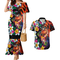 Hawaiian Lei Day Couples Matching Mermaid Dress and Hawaiian Shirt Colorful Plumeria and Volcanic Turtle with Abstract Lava Texture LT03 Black - Polynesian Pride