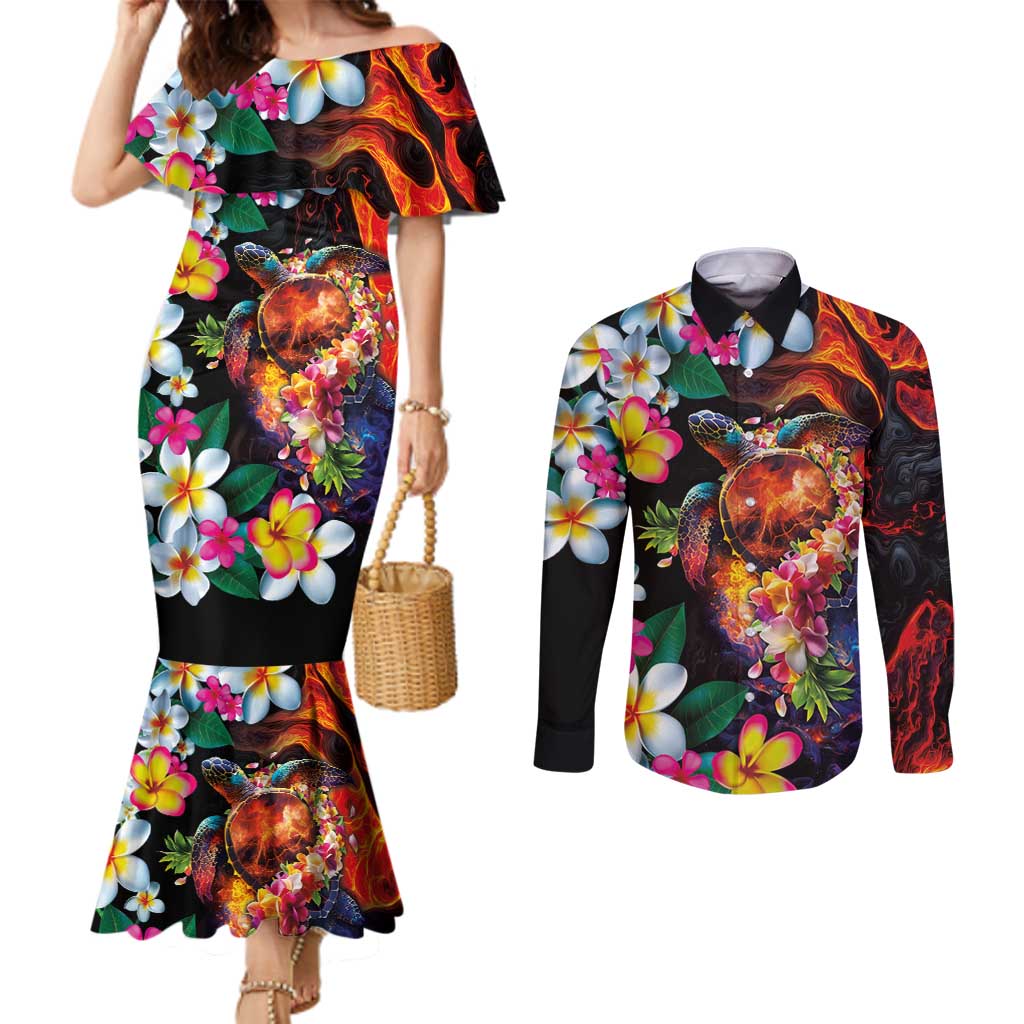 Hawaiian Lei Day Couples Matching Mermaid Dress and Long Sleeve Button Shirt Colorful Plumeria and Volcanic Turtle with Abstract Lava Texture LT03 Black - Polynesian Pride