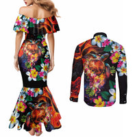 Hawaiian Lei Day Couples Matching Mermaid Dress and Long Sleeve Button Shirt Colorful Plumeria and Volcanic Turtle with Abstract Lava Texture LT03 - Polynesian Pride