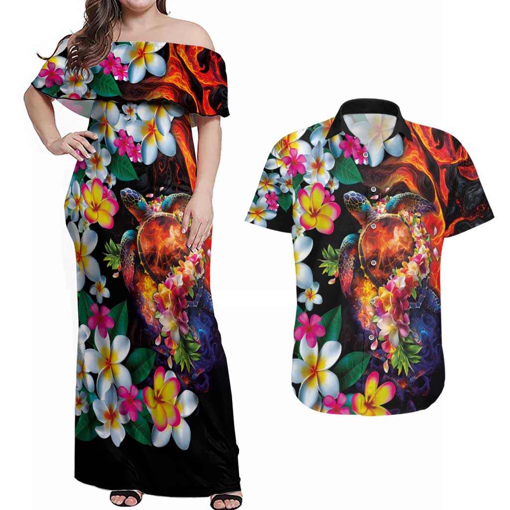 Hawaiian Lei Day Couples Matching Off Shoulder Maxi Dress and Hawaiian Shirt Colorful Plumeria and Volcanic Turtle with Abstract Lava Texture LT03 Black - Polynesian Pride