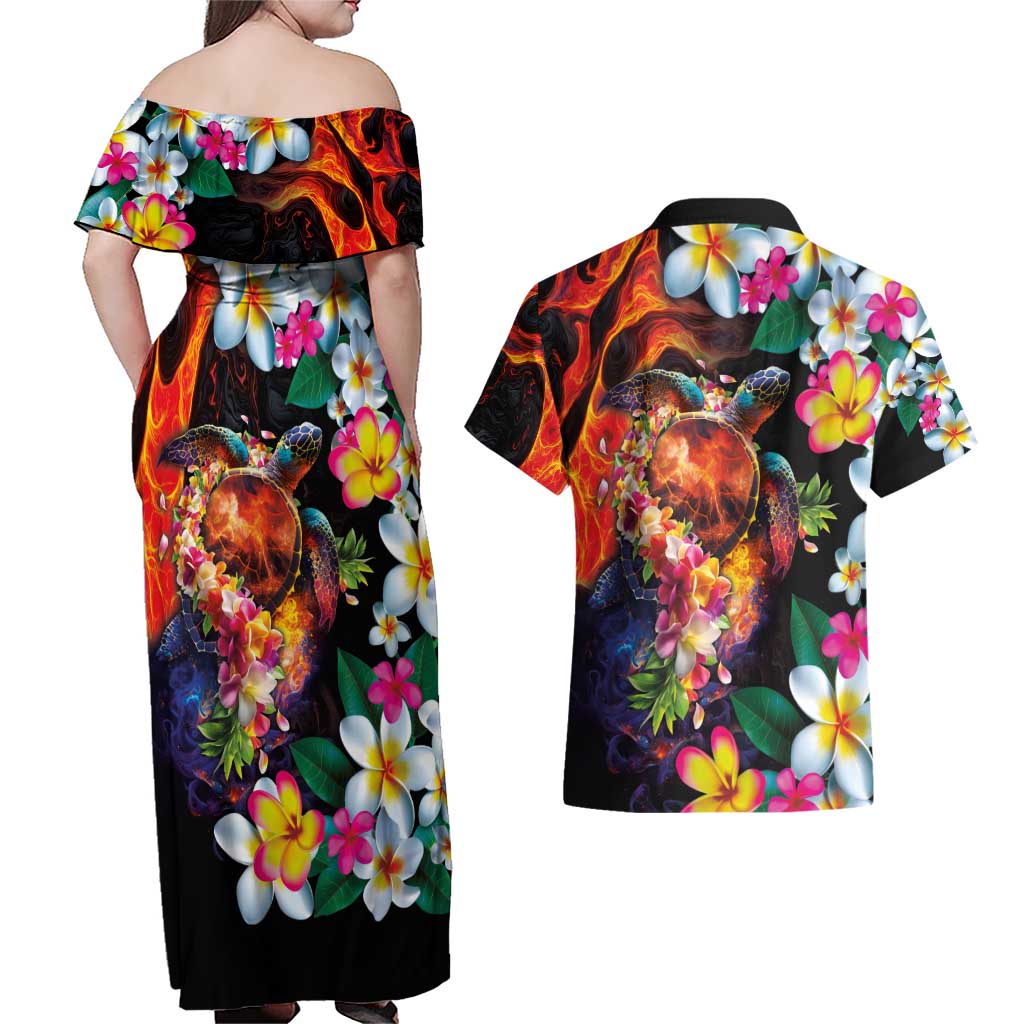 Hawaiian Lei Day Couples Matching Off Shoulder Maxi Dress and Hawaiian Shirt Colorful Plumeria and Volcanic Turtle with Abstract Lava Texture LT03 - Polynesian Pride