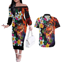 Hawaiian Lei Day Couples Matching Off The Shoulder Long Sleeve Dress and Hawaiian Shirt Colorful Plumeria and Volcanic Turtle with Abstract Lava Texture LT03 Black - Polynesian Pride
