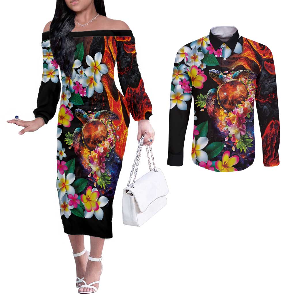 Hawaiian Lei Day Couples Matching Off The Shoulder Long Sleeve Dress and Long Sleeve Button Shirt Colorful Plumeria and Volcanic Turtle with Abstract Lava Texture LT03 Black - Polynesian Pride