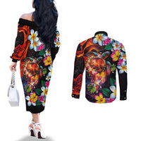 Hawaiian Lei Day Couples Matching Off The Shoulder Long Sleeve Dress and Long Sleeve Button Shirt Colorful Plumeria and Volcanic Turtle with Abstract Lava Texture LT03 - Polynesian Pride