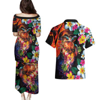 Hawaiian Lei Day Couples Matching Puletasi and Hawaiian Shirt Colorful Plumeria and Volcanic Turtle with Abstract Lava Texture