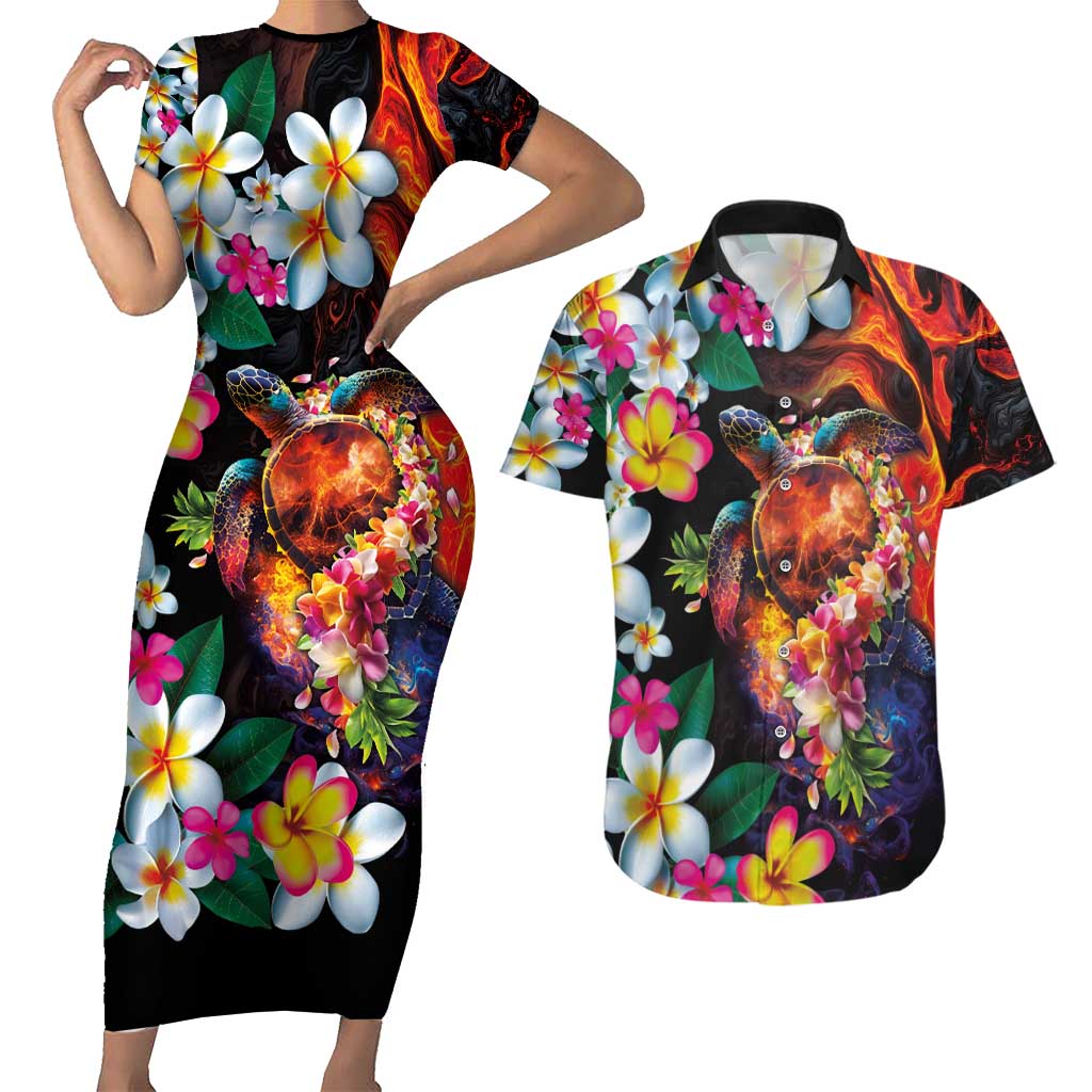 Hawaiian Lei Day Couples Matching Short Sleeve Bodycon Dress and Hawaiian Shirt Colorful Plumeria and Volcanic Turtle with Abstract Lava Texture LT03 Black - Polynesian Pride