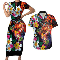 Hawaiian Lei Day Couples Matching Short Sleeve Bodycon Dress and Hawaiian Shirt Colorful Plumeria and Volcanic Turtle with Abstract Lava Texture LT03 Black - Polynesian Pride