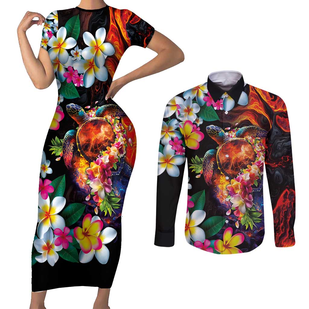 Hawaiian Lei Day Couples Matching Short Sleeve Bodycon Dress and Long Sleeve Button Shirt Colorful Plumeria and Volcanic Turtle with Abstract Lava Texture LT03 Black - Polynesian Pride