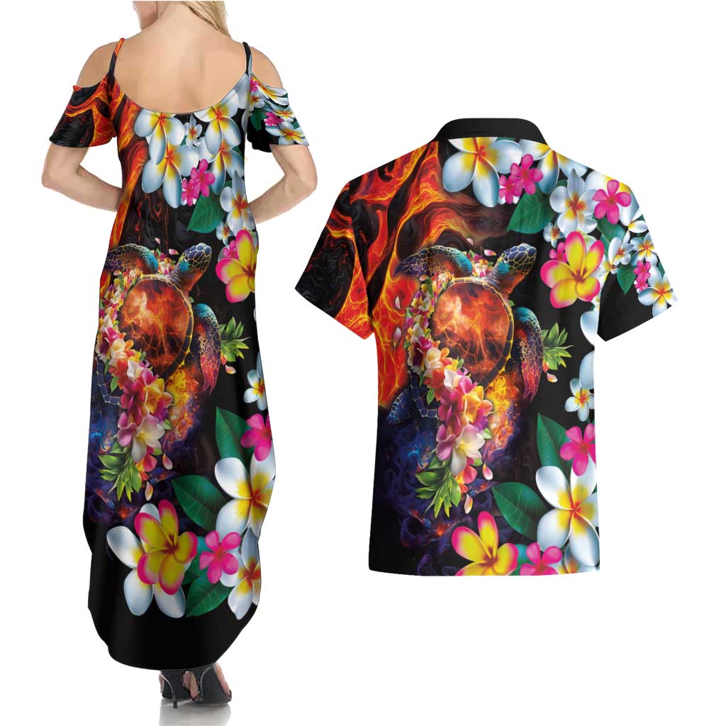 Hawaiian Lei Day Couples Matching Summer Maxi Dress and Hawaiian Shirt Colorful Plumeria and Volcanic Turtle with Abstract Lava Texture LT03 - Polynesian Pride