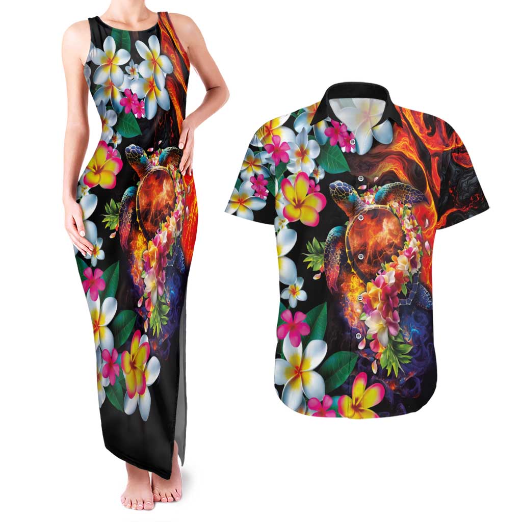 Hawaiian Lei Day Couples Matching Tank Maxi Dress and Hawaiian Shirt Colorful Plumeria and Volcanic Turtle with Abstract Lava Texture LT03 Black - Polynesian Pride