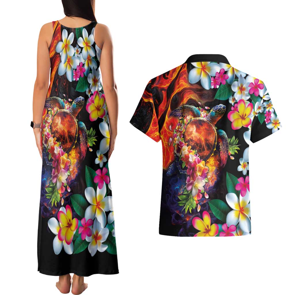 Hawaiian Lei Day Couples Matching Tank Maxi Dress and Hawaiian Shirt Colorful Plumeria and Volcanic Turtle with Abstract Lava Texture LT03 - Polynesian Pride