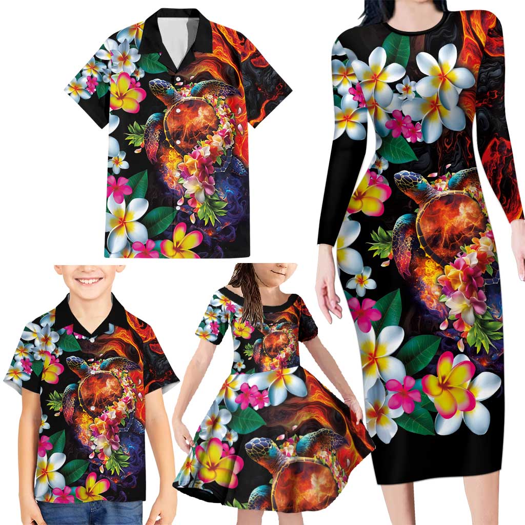 Hawaiian Lei Day Family Matching Long Sleeve Bodycon Dress and Hawaiian Shirt Colorful Plumeria and Volcanic Turtle with Abstract Lava Texture LT03 - Polynesian Pride