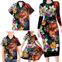 Hawaiian Lei Day Family Matching Long Sleeve Bodycon Dress and Hawaiian Shirt Colorful Plumeria and Volcanic Turtle with Abstract Lava Texture LT03 - Polynesian Pride