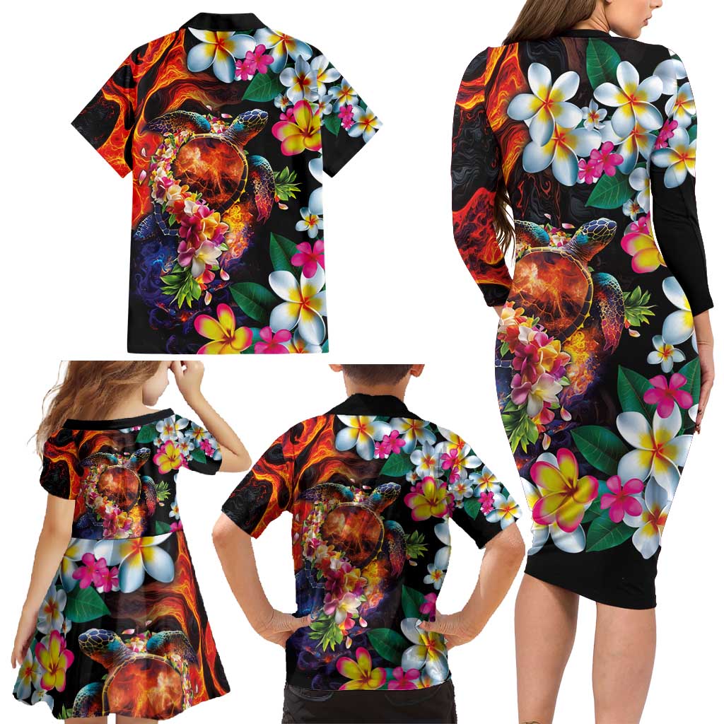 Hawaiian Lei Day Family Matching Long Sleeve Bodycon Dress and Hawaiian Shirt Colorful Plumeria and Volcanic Turtle with Abstract Lava Texture LT03 - Polynesian Pride