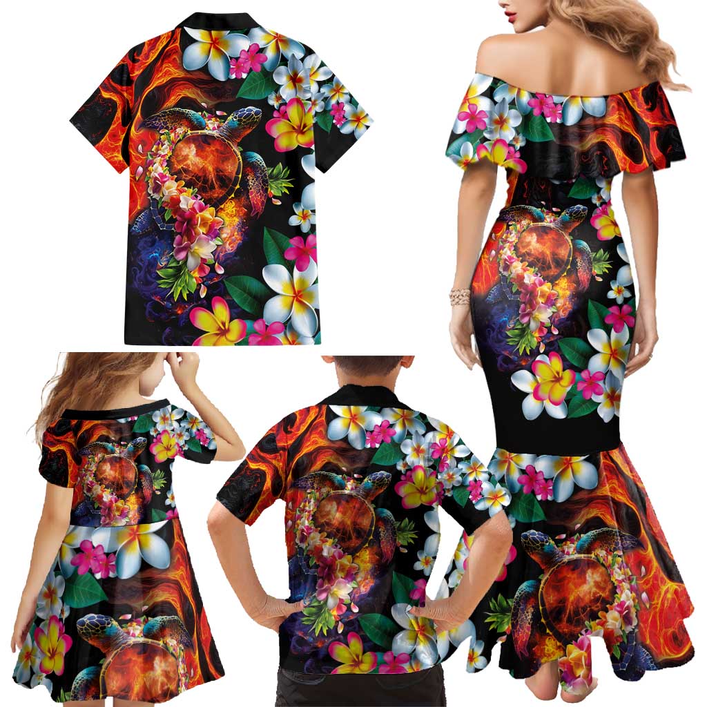 Hawaiian Lei Day Family Matching Mermaid Dress and Hawaiian Shirt Colorful Plumeria and Volcanic Turtle with Abstract Lava Texture LT03 - Polynesian Pride