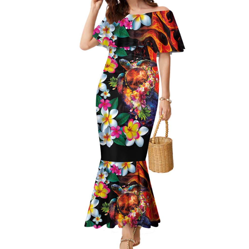Hawaiian Lei Day Family Matching Mermaid Dress and Hawaiian Shirt Colorful Plumeria and Volcanic Turtle with Abstract Lava Texture LT03 Mom's Dress Black - Polynesian Pride