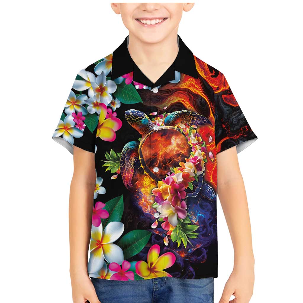 Hawaiian Lei Day Family Matching Mermaid Dress and Hawaiian Shirt Colorful Plumeria and Volcanic Turtle with Abstract Lava Texture LT03 Son's Shirt Black - Polynesian Pride