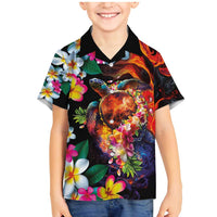 Hawaiian Lei Day Family Matching Mermaid Dress and Hawaiian Shirt Colorful Plumeria and Volcanic Turtle with Abstract Lava Texture LT03 Son's Shirt Black - Polynesian Pride