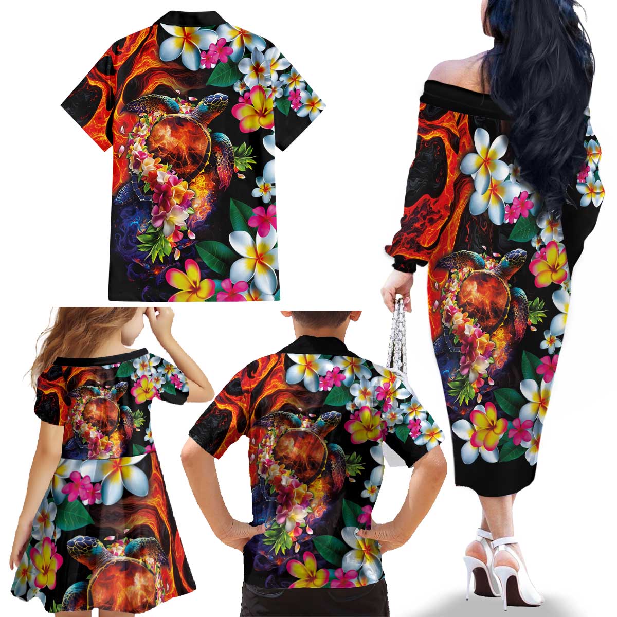 Hawaiian Lei Day Family Matching Off The Shoulder Long Sleeve Dress and Hawaiian Shirt Colorful Plumeria and Volcanic Turtle with Abstract Lava Texture LT03 - Polynesian Pride