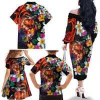 Hawaiian Lei Day Family Matching Off The Shoulder Long Sleeve Dress and Hawaiian Shirt Colorful Plumeria and Volcanic Turtle with Abstract Lava Texture LT03 - Polynesian Pride