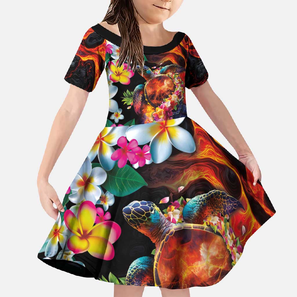 Hawaiian Lei Day Family Matching Off Shoulder Maxi Dress and Hawaiian Shirt Colorful Plumeria and Volcanic Turtle with Abstract Lava Texture LT03 Daughter's Dress Black - Polynesian Pride