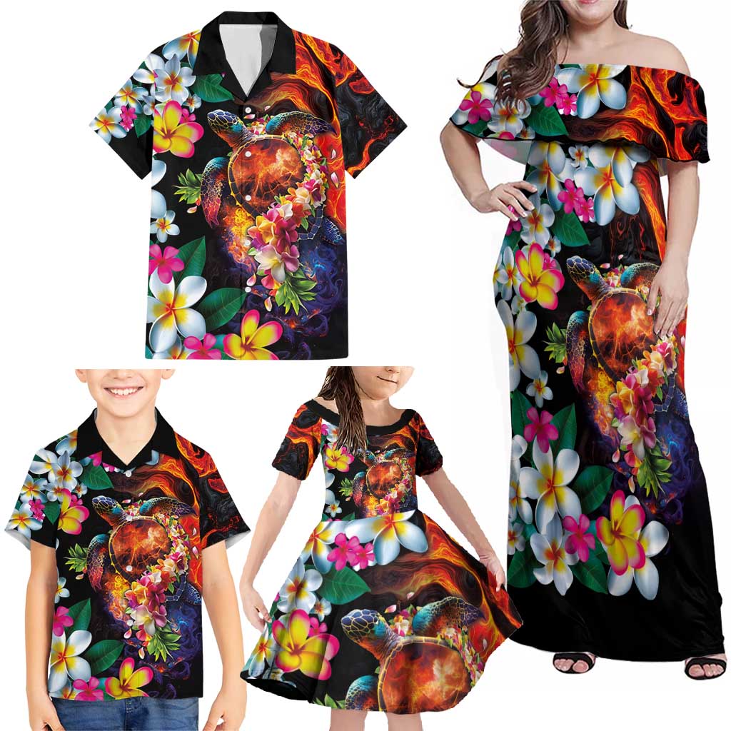 Hawaiian Lei Day Family Matching Off Shoulder Maxi Dress and Hawaiian Shirt Colorful Plumeria and Volcanic Turtle with Abstract Lava Texture LT03 - Polynesian Pride