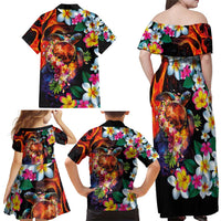Hawaiian Lei Day Family Matching Off Shoulder Maxi Dress and Hawaiian Shirt Colorful Plumeria and Volcanic Turtle with Abstract Lava Texture LT03 - Polynesian Pride