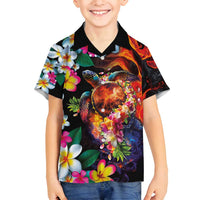 Hawaiian Lei Day Family Matching Off Shoulder Maxi Dress and Hawaiian Shirt Colorful Plumeria and Volcanic Turtle with Abstract Lava Texture LT03 Son's Shirt Black - Polynesian Pride