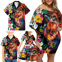 Hawaiian Lei Day Family Matching Off Shoulder Short Dress and Hawaiian Shirt Colorful Plumeria and Volcanic Turtle with Abstract Lava Texture LT03 - Polynesian Pride