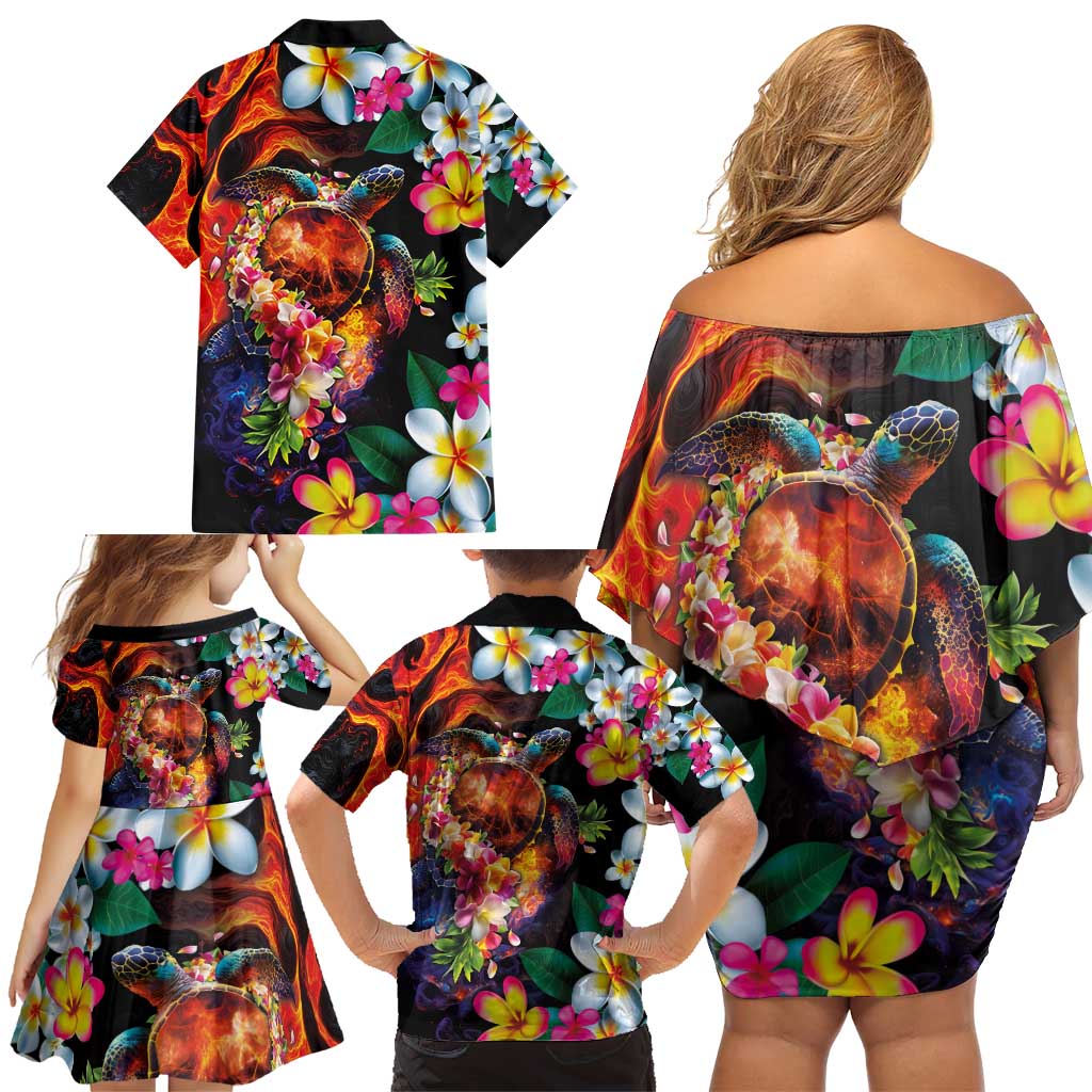 Hawaiian Lei Day Family Matching Off Shoulder Short Dress and Hawaiian Shirt Colorful Plumeria and Volcanic Turtle with Abstract Lava Texture LT03 - Polynesian Pride