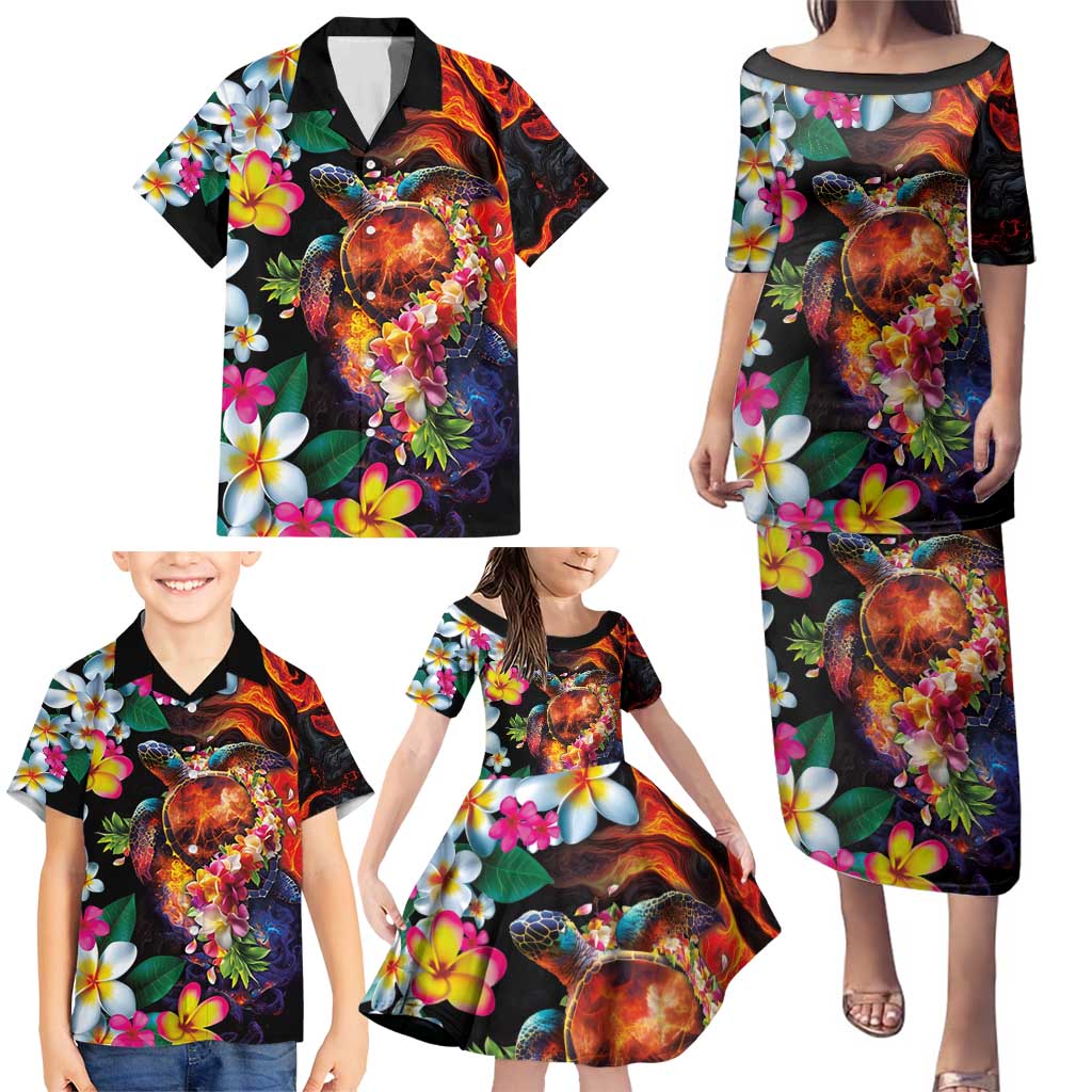 Hawaiian Lei Day Family Matching Puletasi and Hawaiian Shirt Colorful Plumeria and Volcanic Turtle with Abstract Lava Texture LT03 - Polynesian Pride