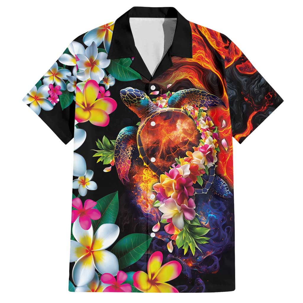 Hawaiian Lei Day Family Matching Puletasi and Hawaiian Shirt Colorful Plumeria and Volcanic Turtle with Abstract Lava Texture LT03 Dad's Shirt - Short Sleeve Black - Polynesian Pride