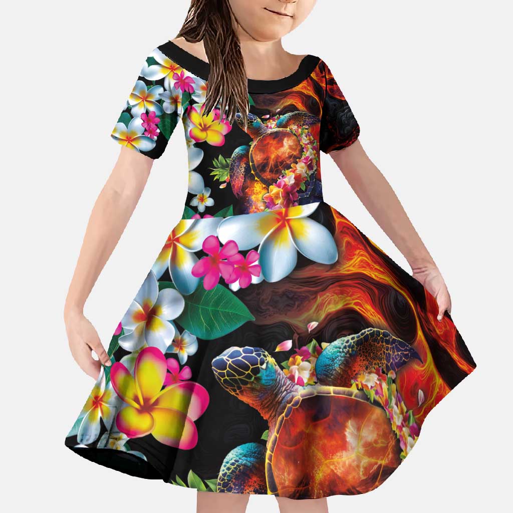 Hawaiian Lei Day Family Matching Short Sleeve Bodycon Dress and Hawaiian Shirt Colorful Plumeria and Volcanic Turtle with Abstract Lava Texture LT03 Daughter's Dress Black - Polynesian Pride