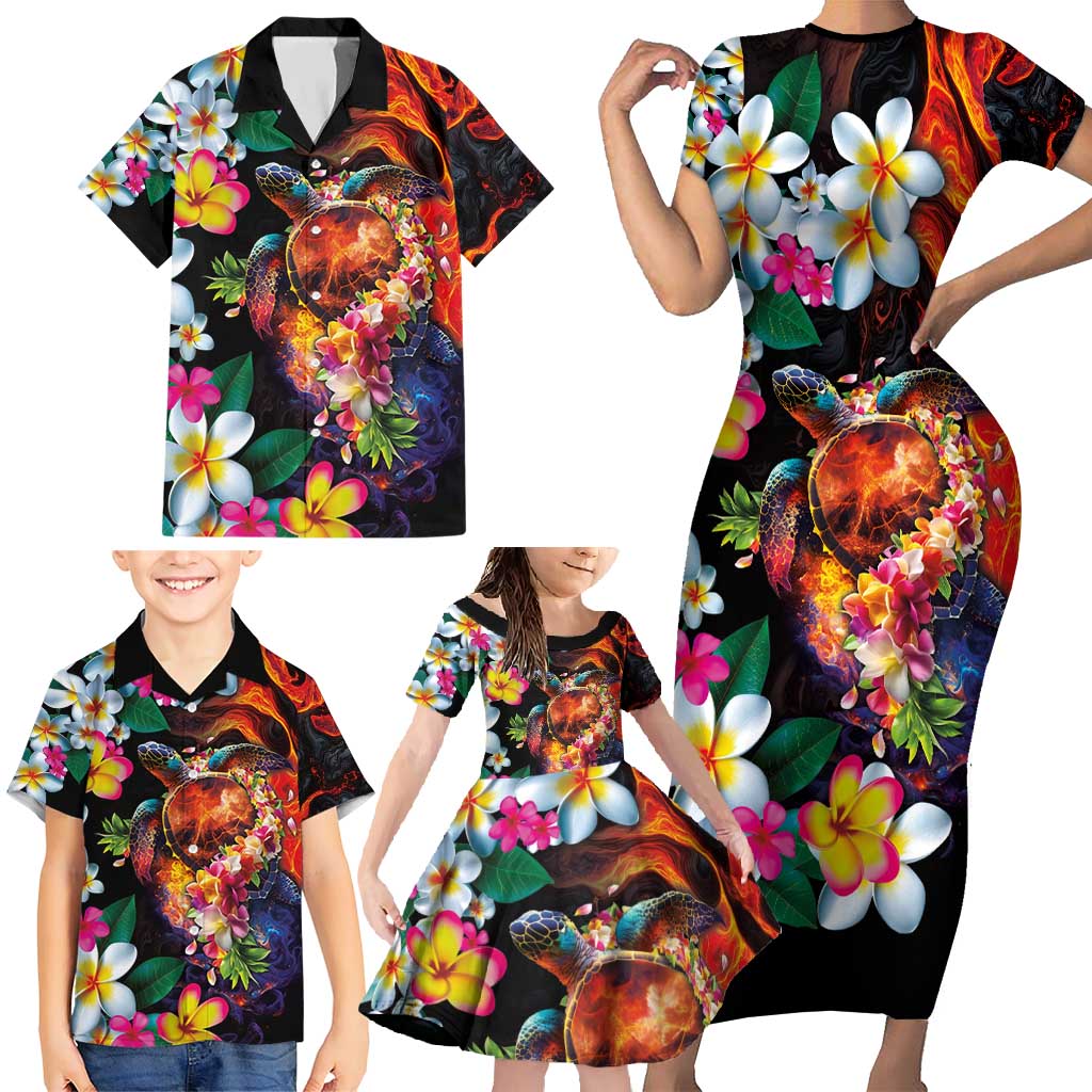 Hawaiian Lei Day Family Matching Short Sleeve Bodycon Dress and Hawaiian Shirt Colorful Plumeria and Volcanic Turtle with Abstract Lava Texture LT03 - Polynesian Pride