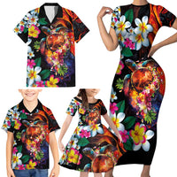 Hawaiian Lei Day Family Matching Short Sleeve Bodycon Dress and Hawaiian Shirt Colorful Plumeria and Volcanic Turtle with Abstract Lava Texture LT03 - Polynesian Pride