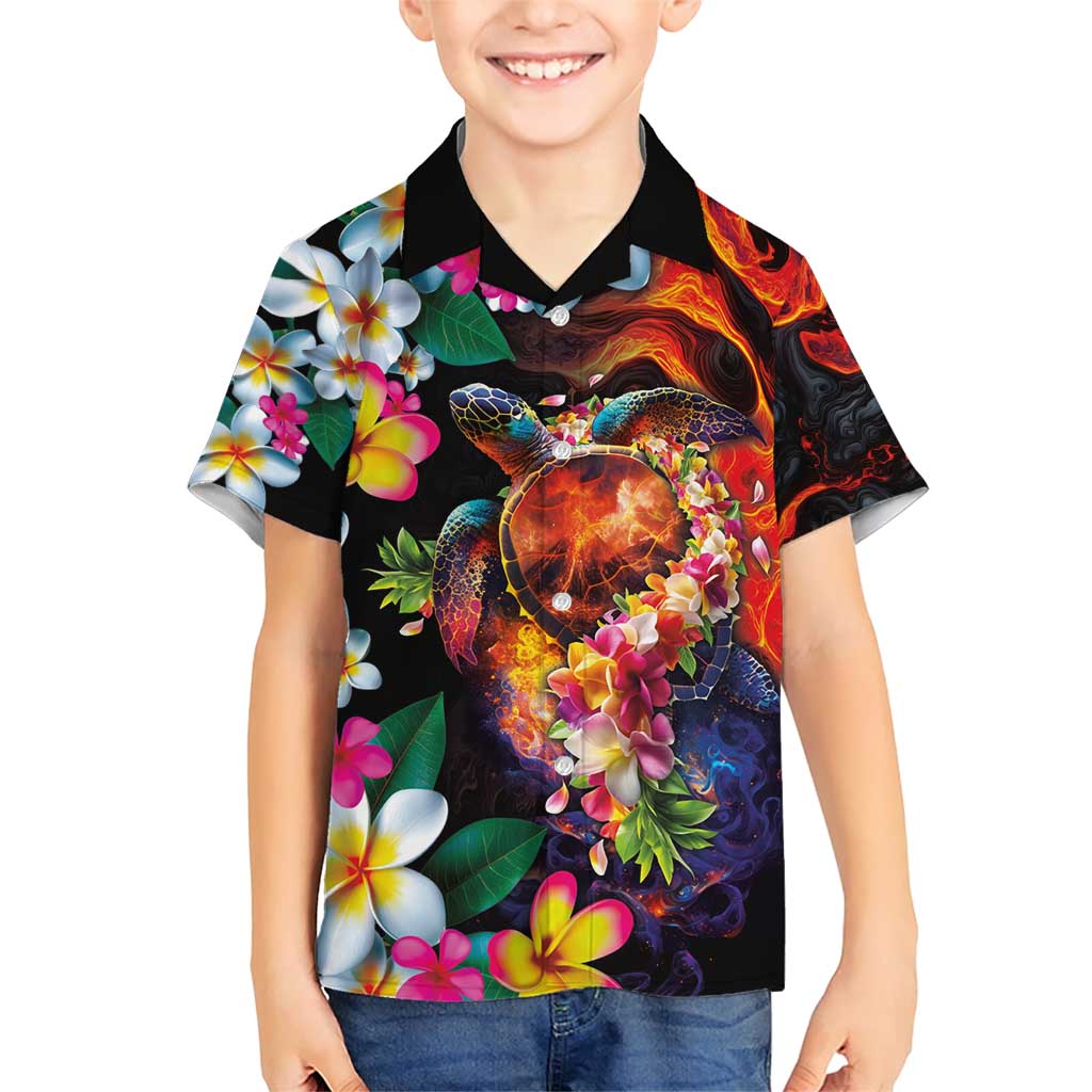 Hawaiian Lei Day Family Matching Short Sleeve Bodycon Dress and Hawaiian Shirt Colorful Plumeria and Volcanic Turtle with Abstract Lava Texture LT03 Son's Shirt Black - Polynesian Pride